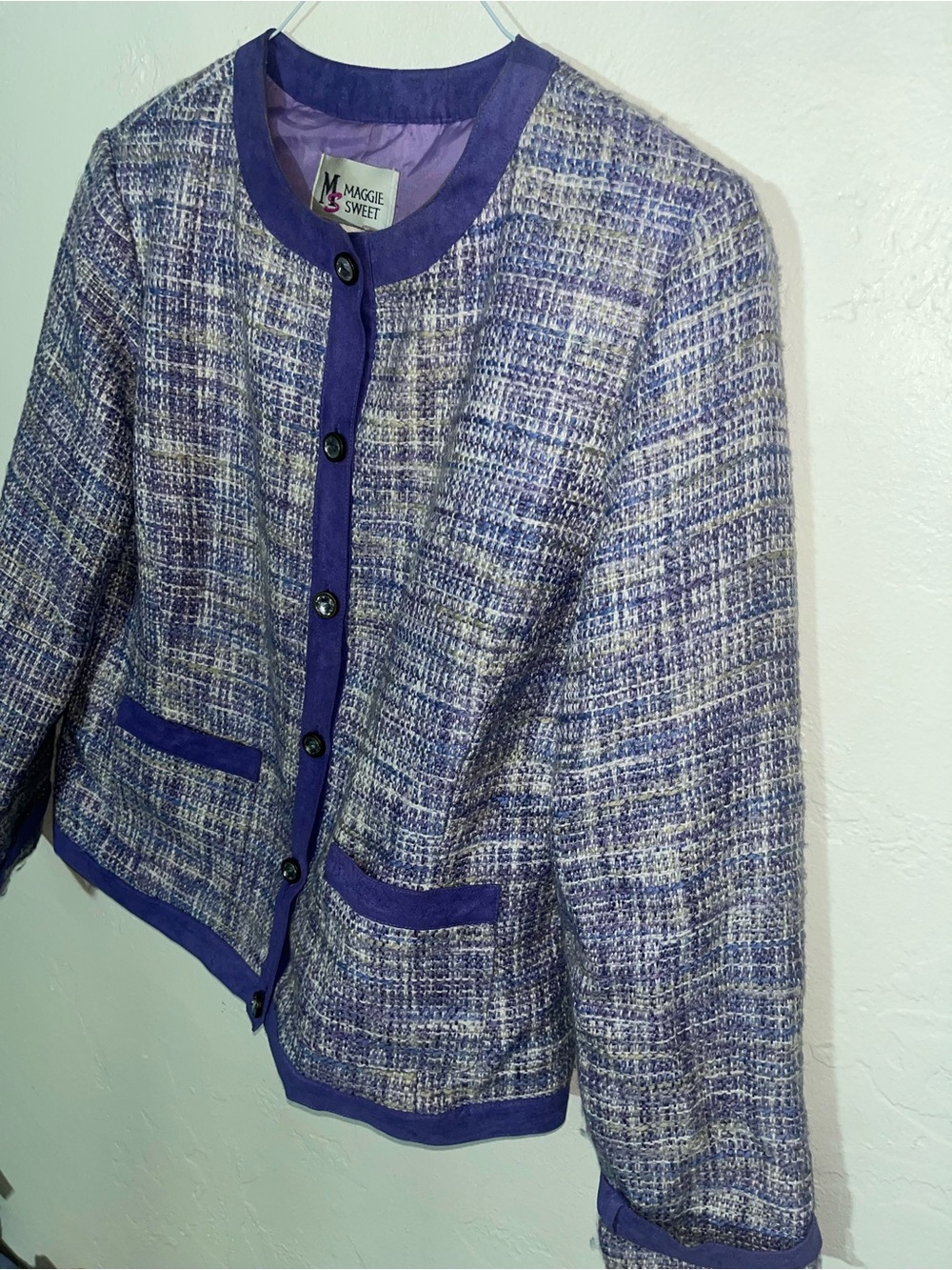 Vintage Maggie Sweet Rhinestone Button Purple Tweed Blazer Lined Quality Women M